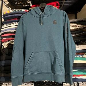 Carhartt Teal Blue Pullover Hoodie with Sleeve Logo